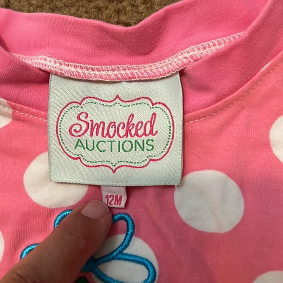 Smocked Auctions, pink and white polka dot Christmas tree pajamas, 12 month - Picture 2 of 3